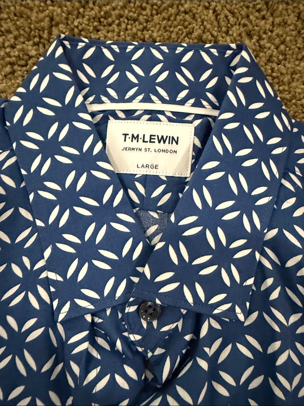 T.M.Lewin Blue Shirt with White Geometric Motif Large
